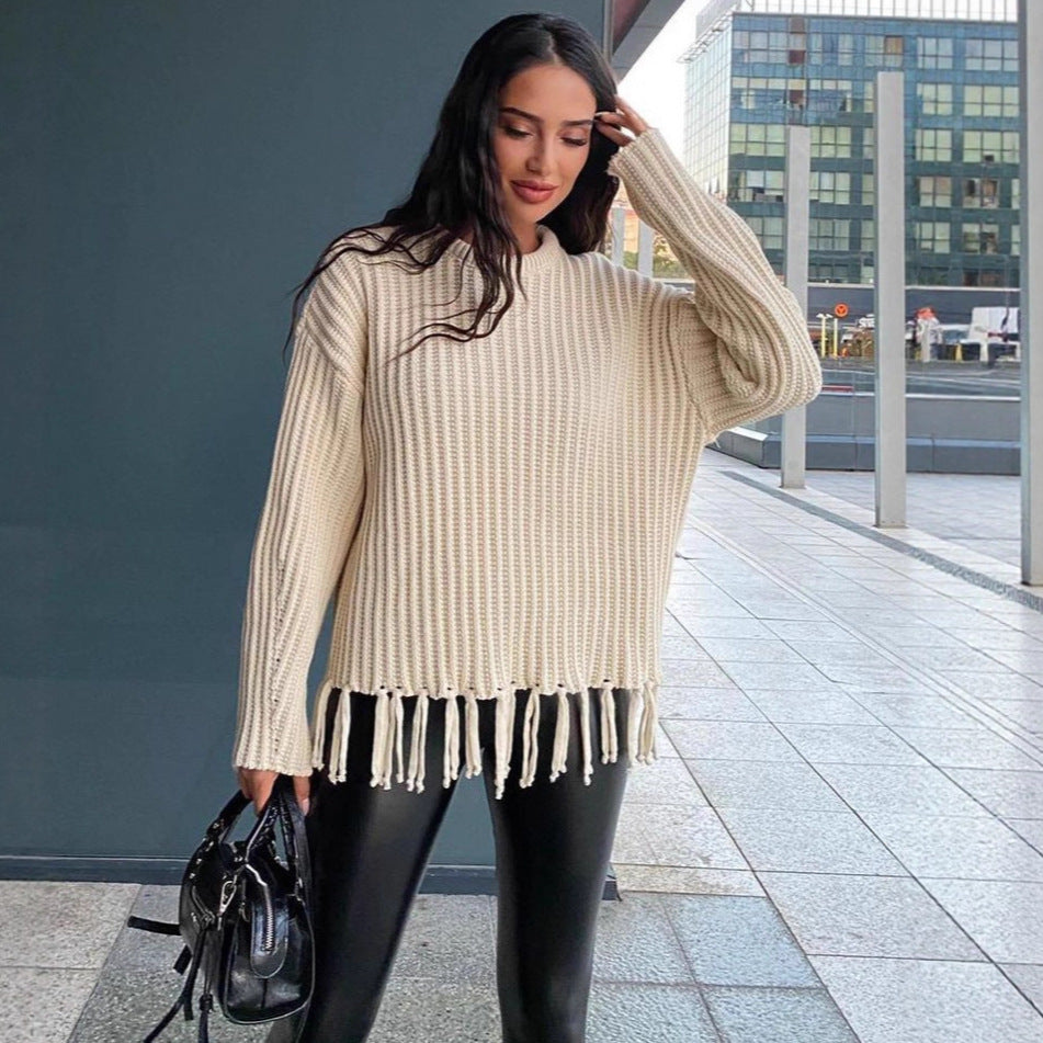 Damen Strickpullover Lässig Fransen Länge Ärmel Beige - Norvielle
