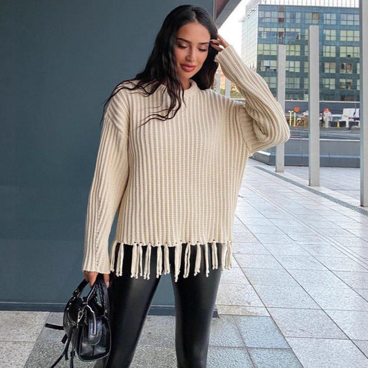 Damen Strickpullover Lässig Fransen Länge Ärmel Beige - Norvielle