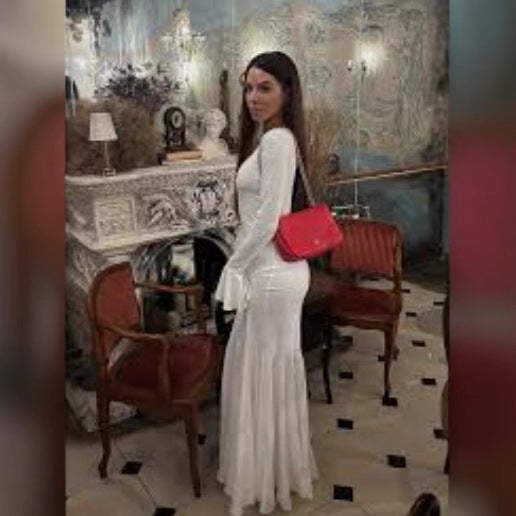 Damen Langkleid Figurbetont Muschel-Design Ärmelabschluss Elegant