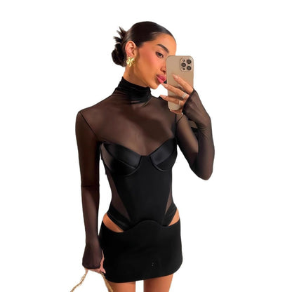 Damen Kleid Figurbetonter Stil Transparente Einsätze Rautenförmige
