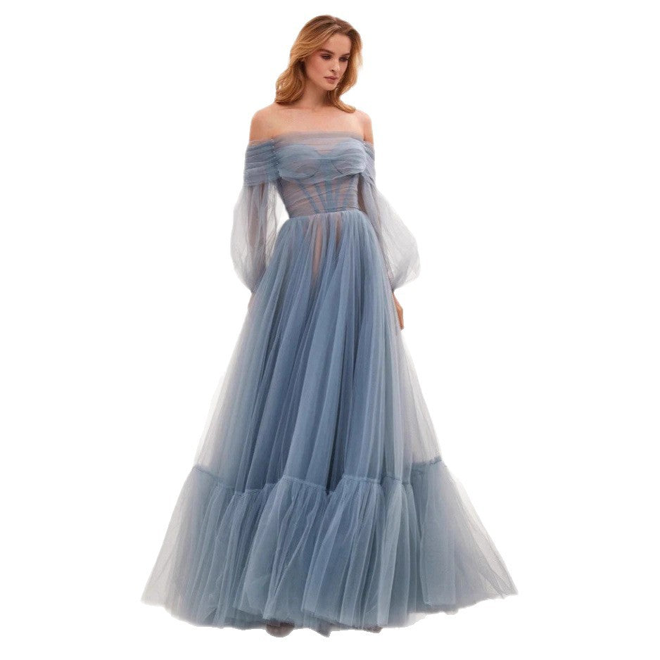 Damen Cocktailkleid Schulterfrei Tüll Voluminöse Ärmel Norvielle