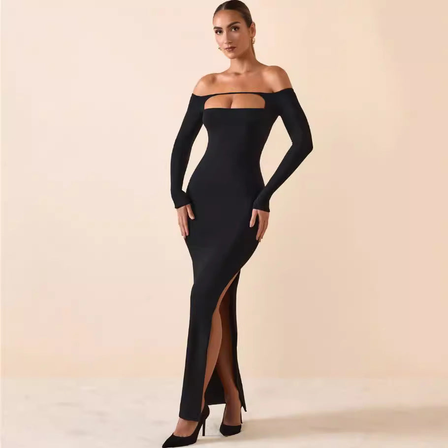 Damen Langarmkleid Cut-Out-Design Schulterfrei Schwarz - Norvielle