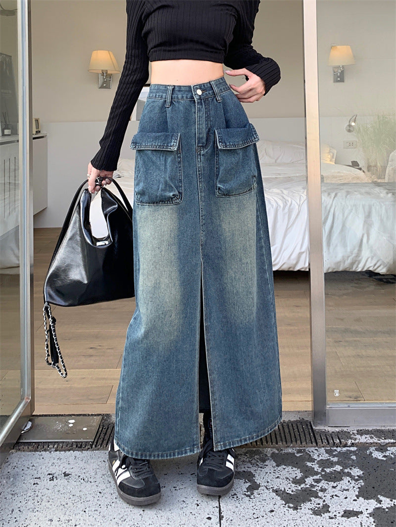 Damen Jeansrock Lang Mit Taschen