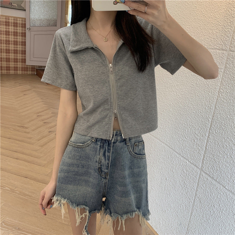 Damen Cropped Poloshirt Strukturierter Stoff Mit Reißverschluss Beige