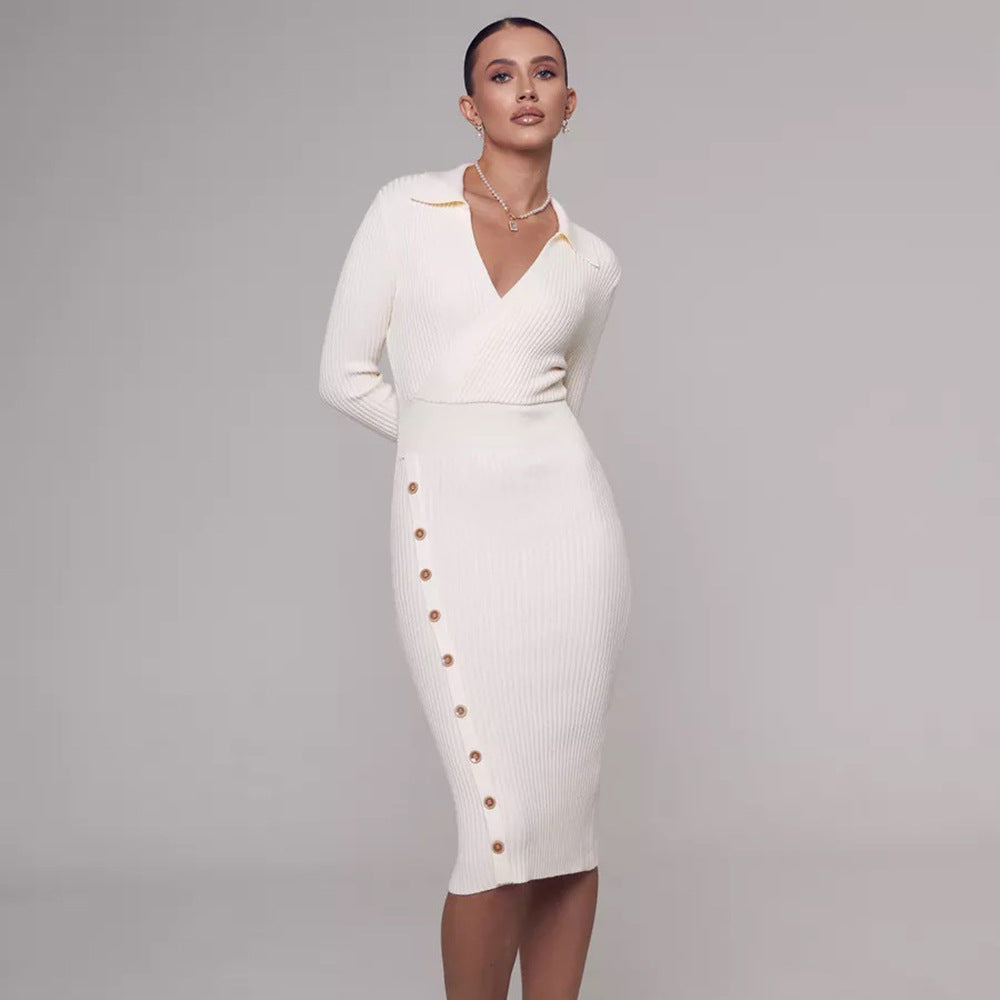 Damen Strickkleid mit Knöpfen V-Ausschnitt Norvielle - Norvielle