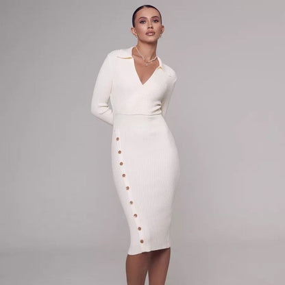 Damen Strickkleid mit Knöpfen V-Ausschnitt Norvielle - Norvielle