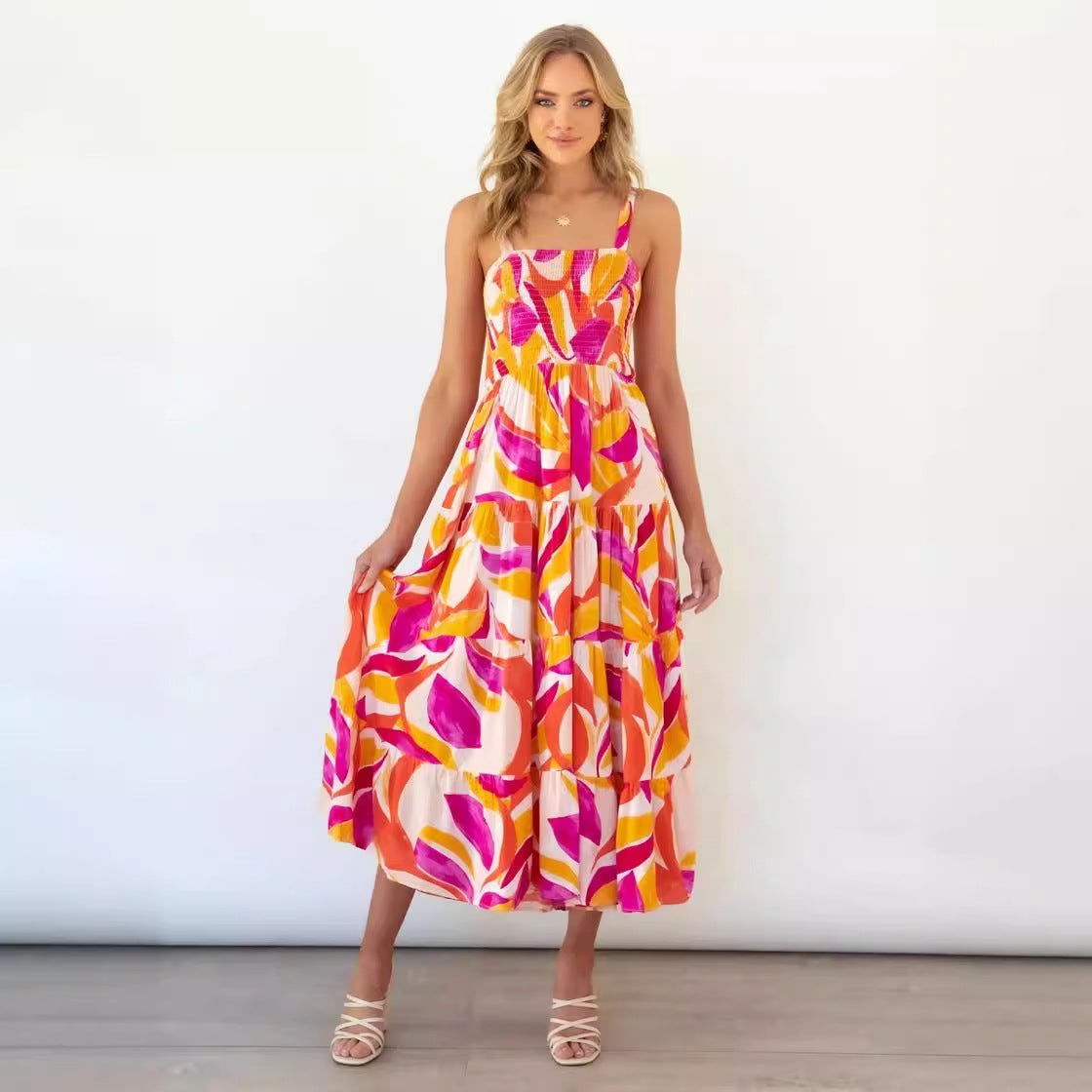Damen Maxikleid Boho Blumenmuster Elastisch Bunt