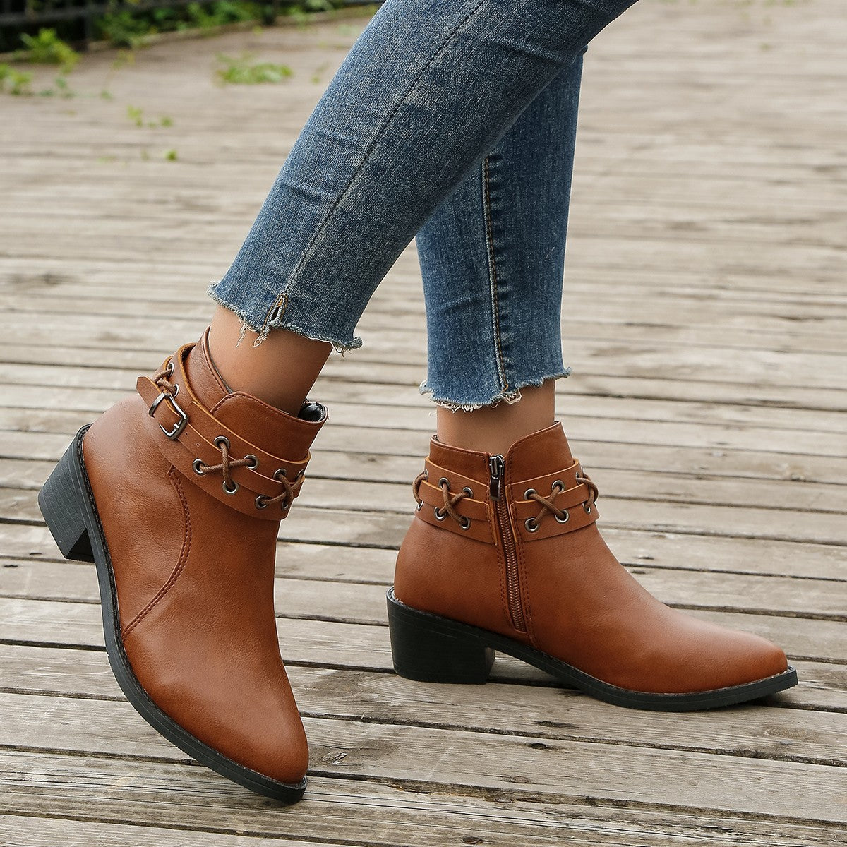 Damen Stiefeletten Spitzem Zeh Blockabsatz Schnür-Schnallen