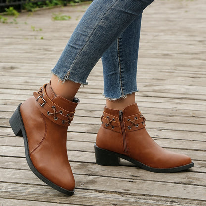 Damen Stiefeletten Spitzem Zeh Blockabsatz Schnür-Schnallen