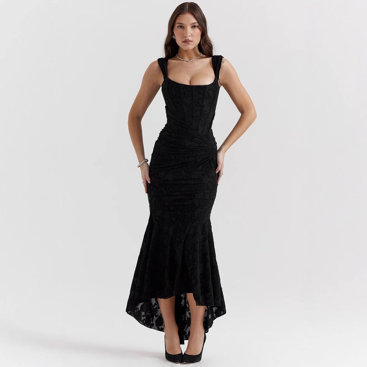 Damen Maxikleid Bateau Ausschnitt Floraltextur Asymmetrisch Norvielle