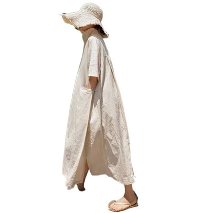 Damen Leinenkleid Langarm Wickelkleid mit Taillenzug Beige