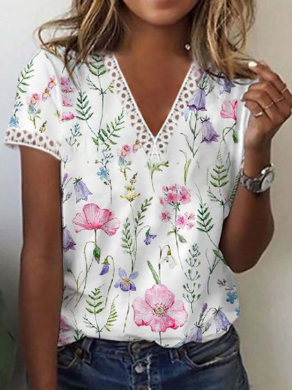 Damen T-Shirt Kurzärmelig V-Ausschnitt Print Elegantes Design - Norvielle