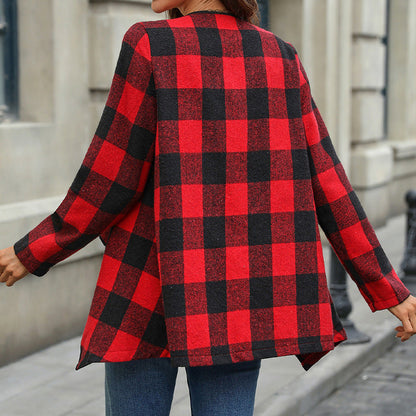 Damen Karierte Strickjacke Asymmetrisch Offen Norvielle