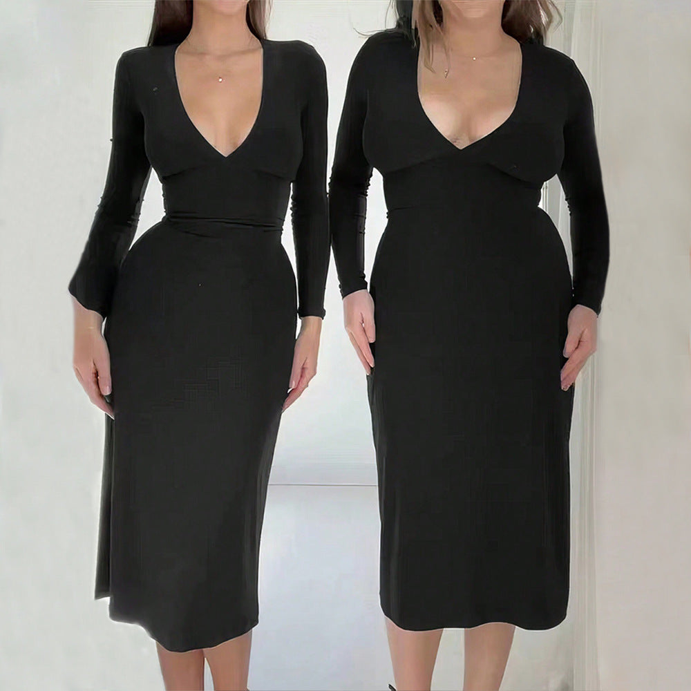 Damen Midi-Kleid V-Ausschnitt Langarm