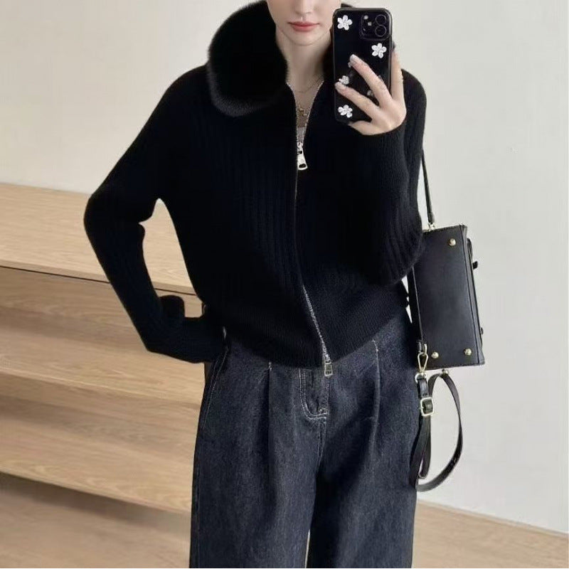 Damen Strickjacke Kunstfellkragen Rippstruktur Elegantes Design