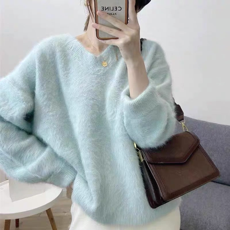 Damen Mohair Pullover Flauschig V-Ausschnitt Beige