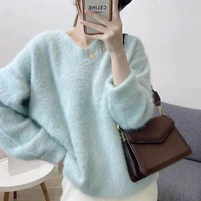 Damen Mohair Pullover Flauschig V-Ausschnitt Beige