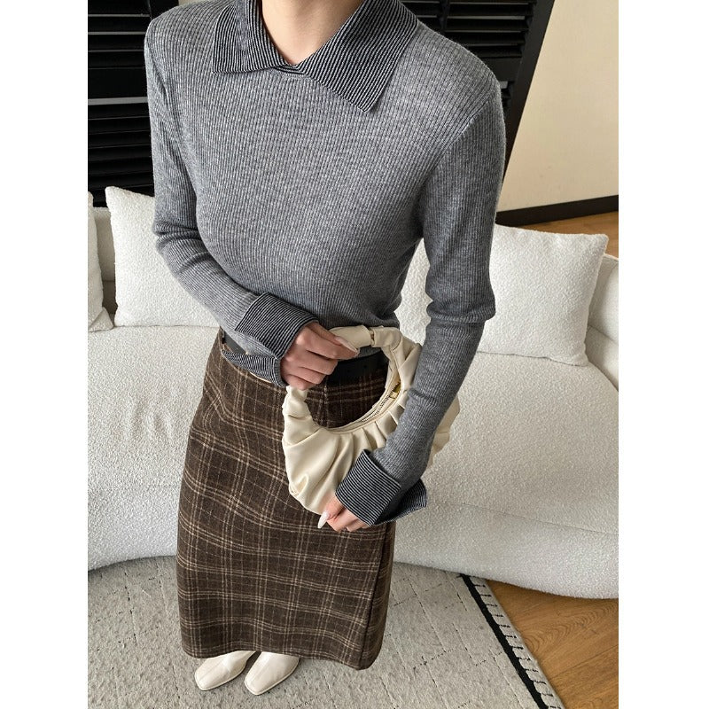 Damen Pullover Gestreift Klassischer Kragen Rippstruktur Norvielle