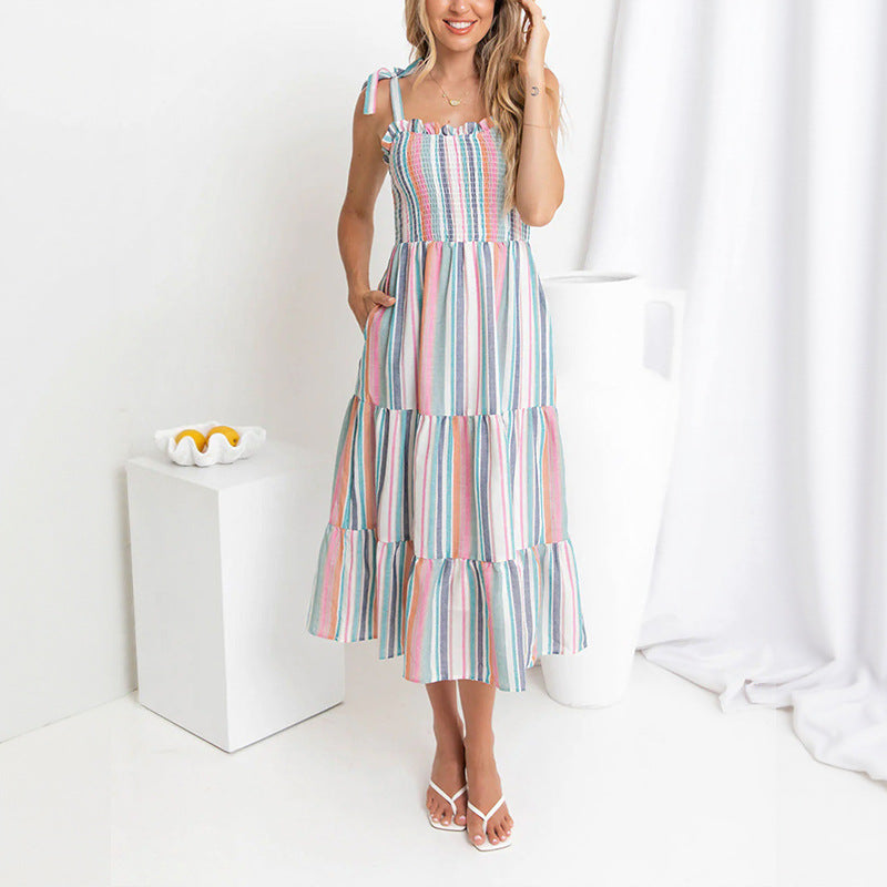 Damen Sommerkleid Rüschendetails Bunt Streifenmuster - Norvielle