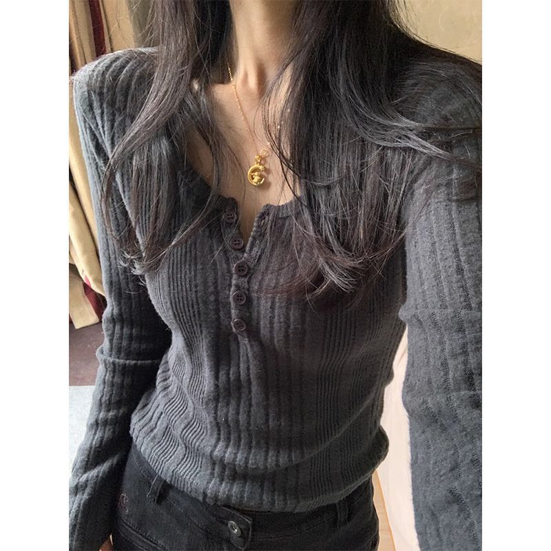 Damen Langarm-Pullover Figurbetont Mit Knöpfen Norvielle