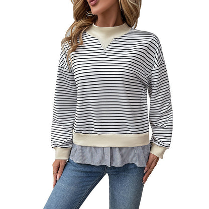 Damen Sweatshirt Asymmetrisches Streifenmuster Rüschenabschluss