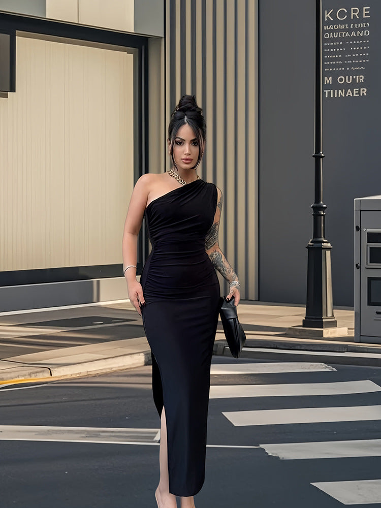 Damen Maxikleid Elegantes One-Shoulder-Design Figurbetont Seiden