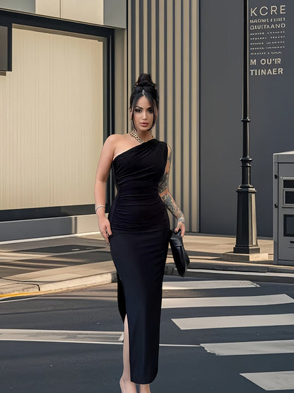 Damen Maxikleid Elegantes One-Shoulder-Design Figurbetont Seiden