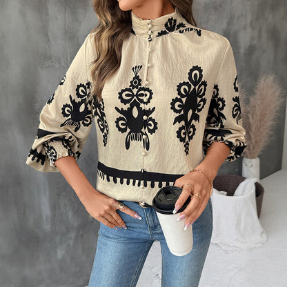 Damen Bluse Botanischer Druck Puffärmel Norvielle - Norvielle