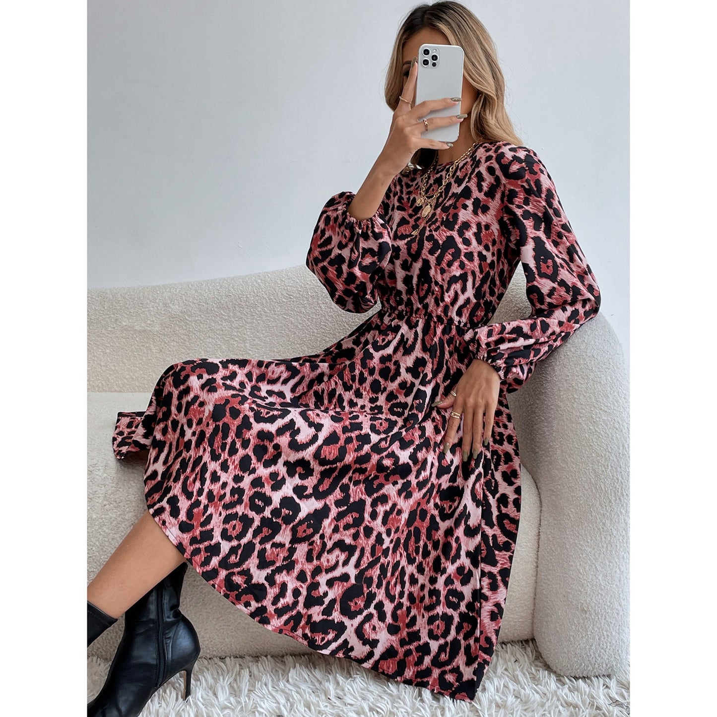 Damen Maxikleid Leopardenmuster Volantärmel Taillierung