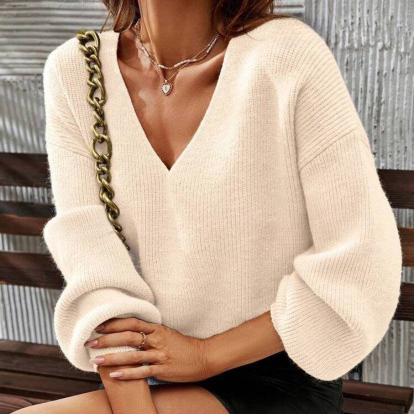 Damen Pullover V-Ausschnitt Lässige Passform Baumwolle Beige