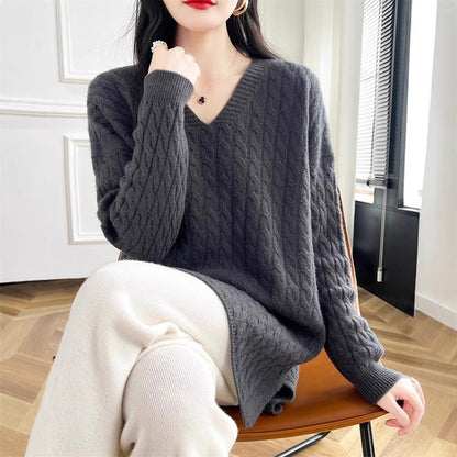 Damen Pullover V-Ausschnitt Lässig Zopfmuster Norvielle