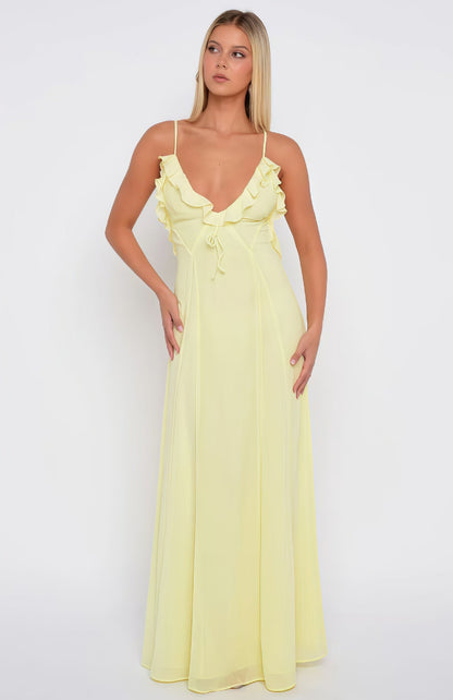 Damen Maxikleid Schulterfrei Rüschen Dekoration Tailliert Norvielle