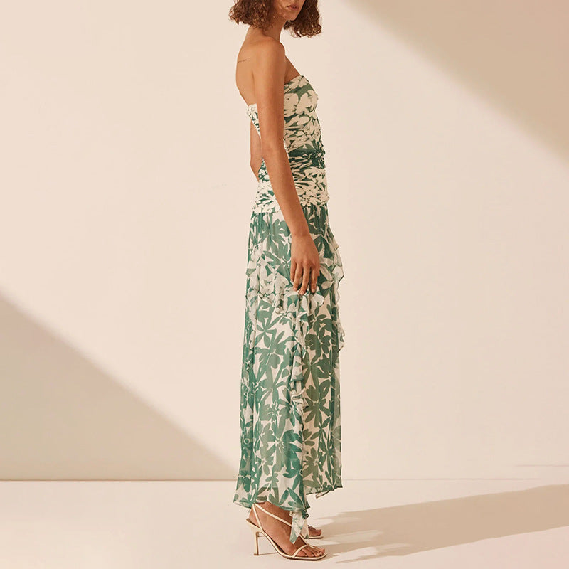 Damen Maxikleid Schulterfrei Rüschendetails Florales Muster Norvielle