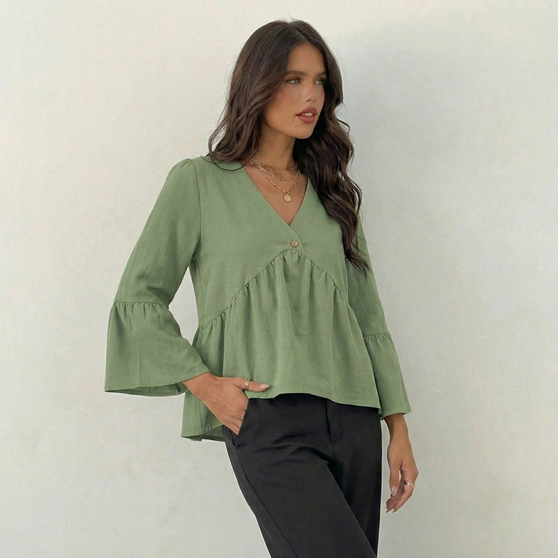 Damen Bluse Weite Ärmel Knopf Detail Norvielle - Norvielle