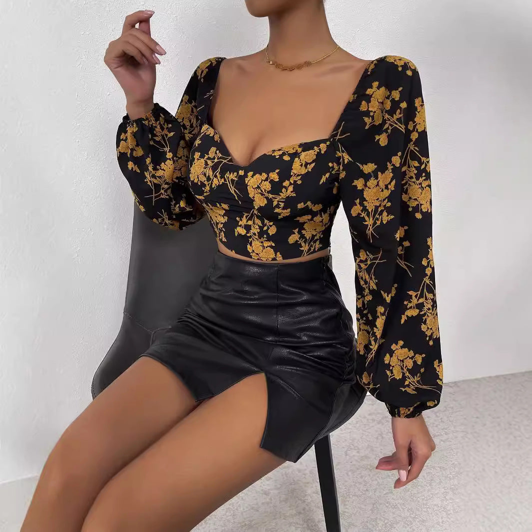 Damen Crop- Florales Muster Puffärmel Norvielle - Norvielle