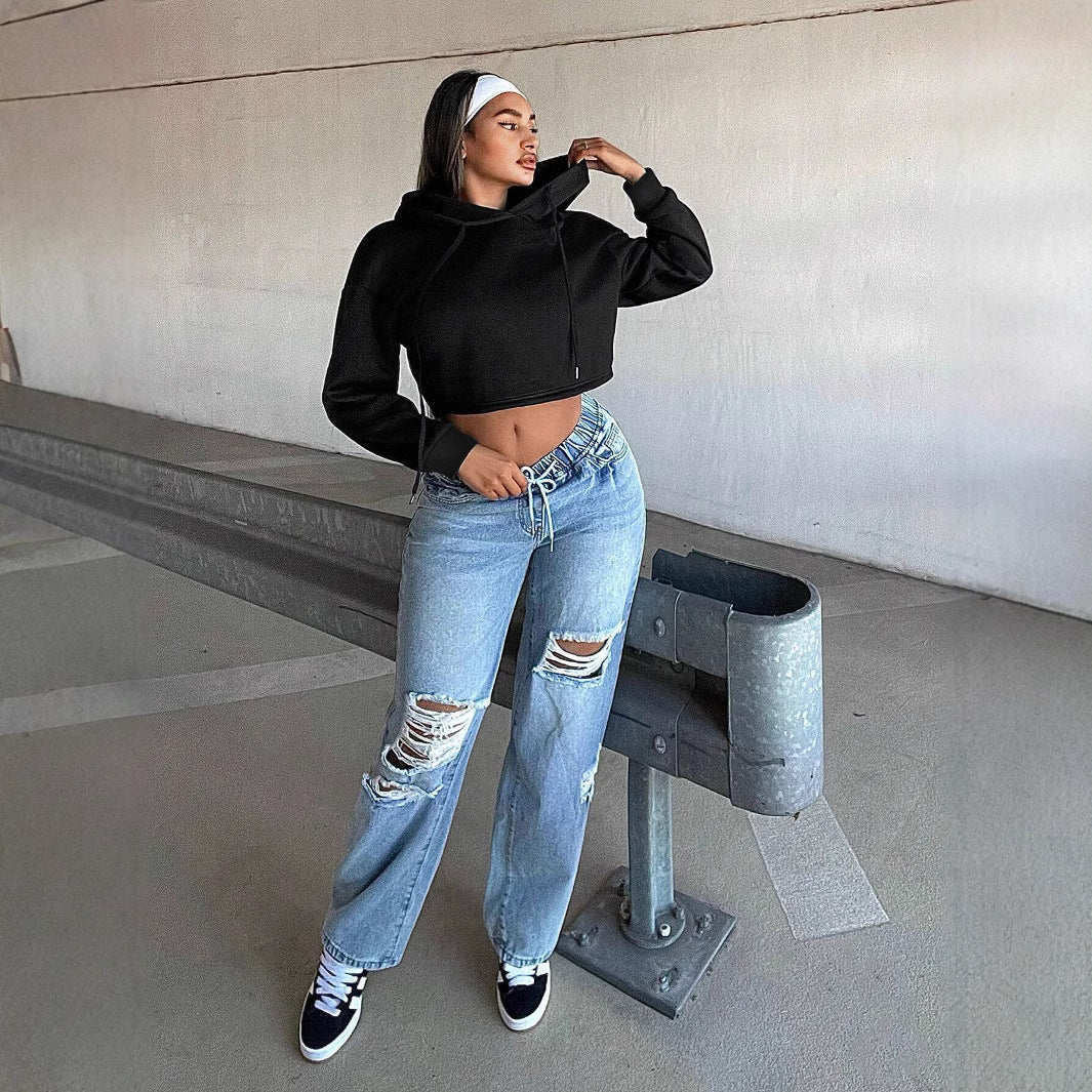 Damen Cropped Sweatshirt Locker Kapuze Norvielle