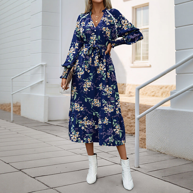 Damen Wickelkleid Midi florale Muster Voluminöse Ärmel