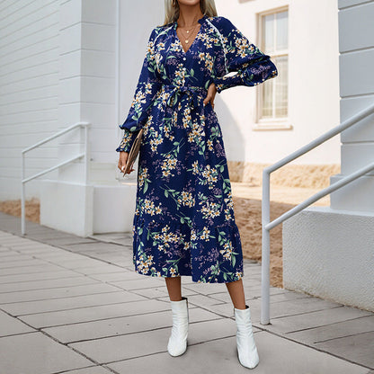 Damen Wickelkleid Midi florale Muster Voluminöse Ärmel