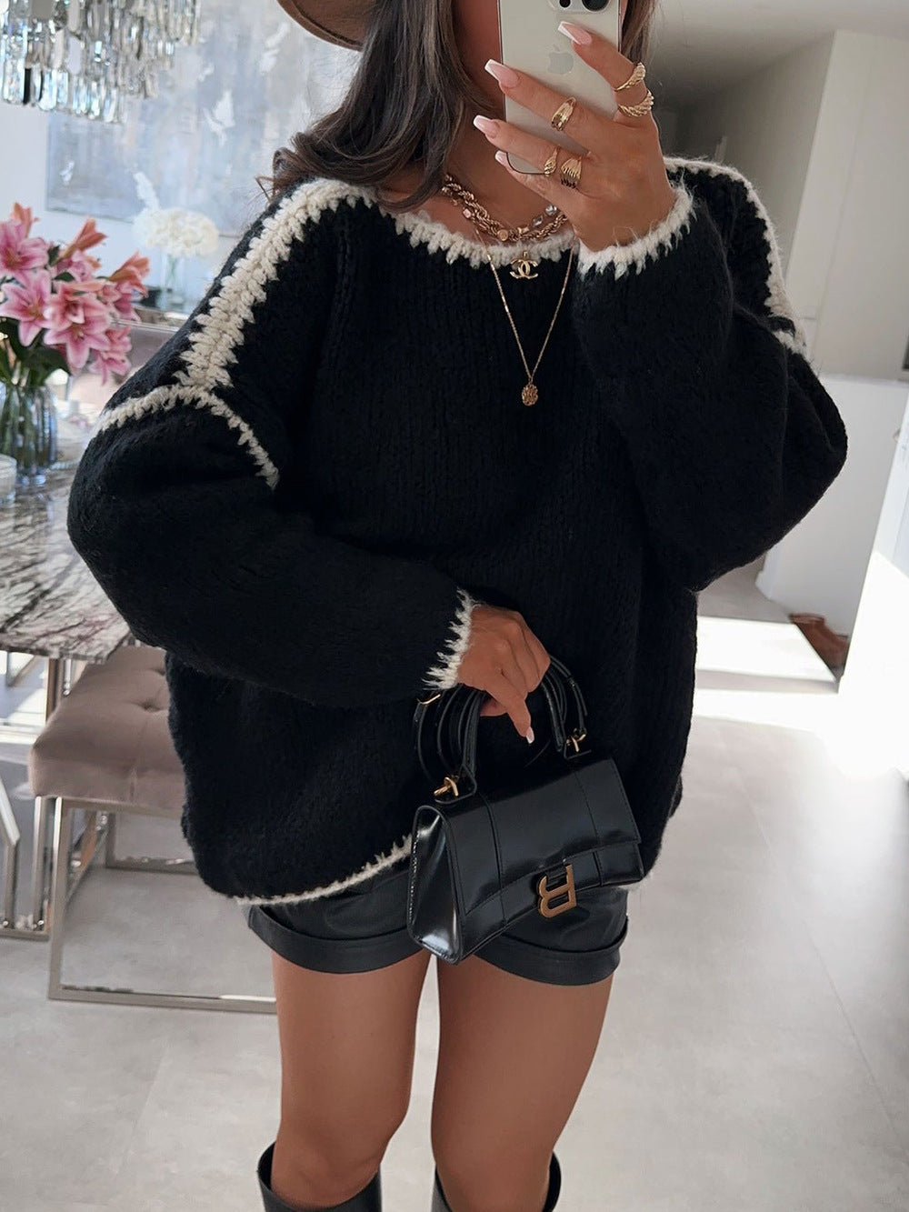 Damen Oversized Strickpullover mit Kontrastakzenten Norvielle