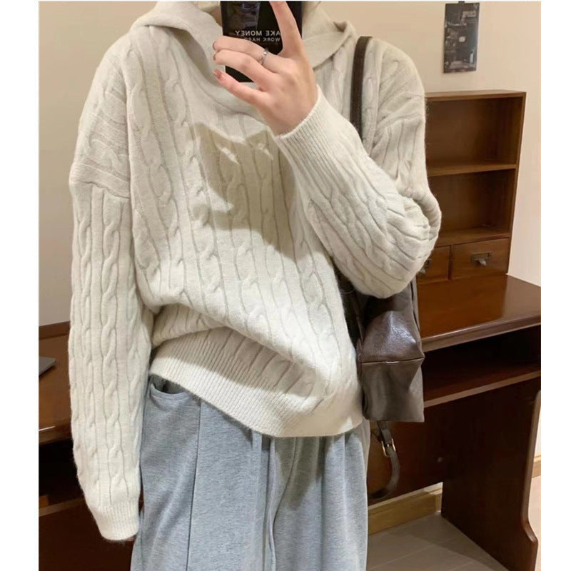Damen Kuscheliger Strickpullover Kapuze Zopfmuster Norvielle