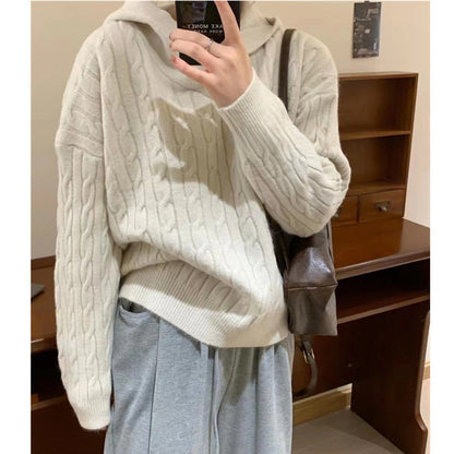 Damen Kuscheliger Strickpullover Kapuze Zopfmuster Norvielle