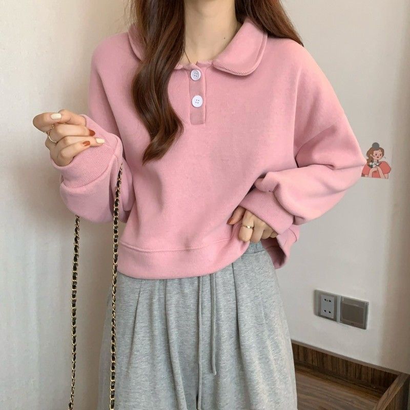 Damen Sweatshirt Kurzarm mit Kragen und Knöpfen Norvielle
