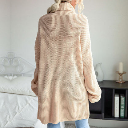 Damen Strickpullover Hochkragen Dekorativer Taillengürtel