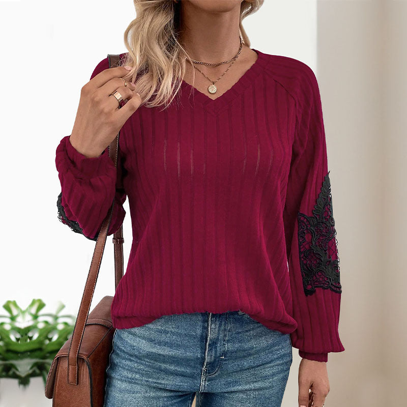 Damen Pullover V-Ausschnitt Spitze Ärmel Schwarz - Norvielle