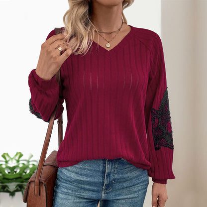 Damen Pullover V-Ausschnitt Spitze Ärmel Schwarz - Norvielle