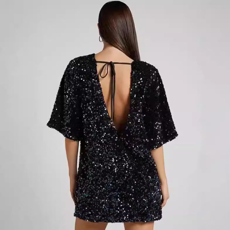 Damen Pailletten-Kleid Lockere Ärmel Rundhalsausschnitt Glitzernd