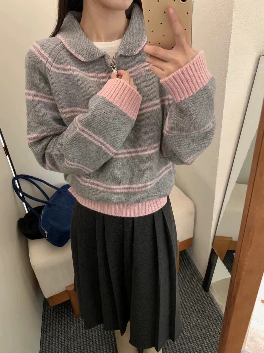 Damen Pullover Gemustert Stehkragen Kontrastdetails Norvielle