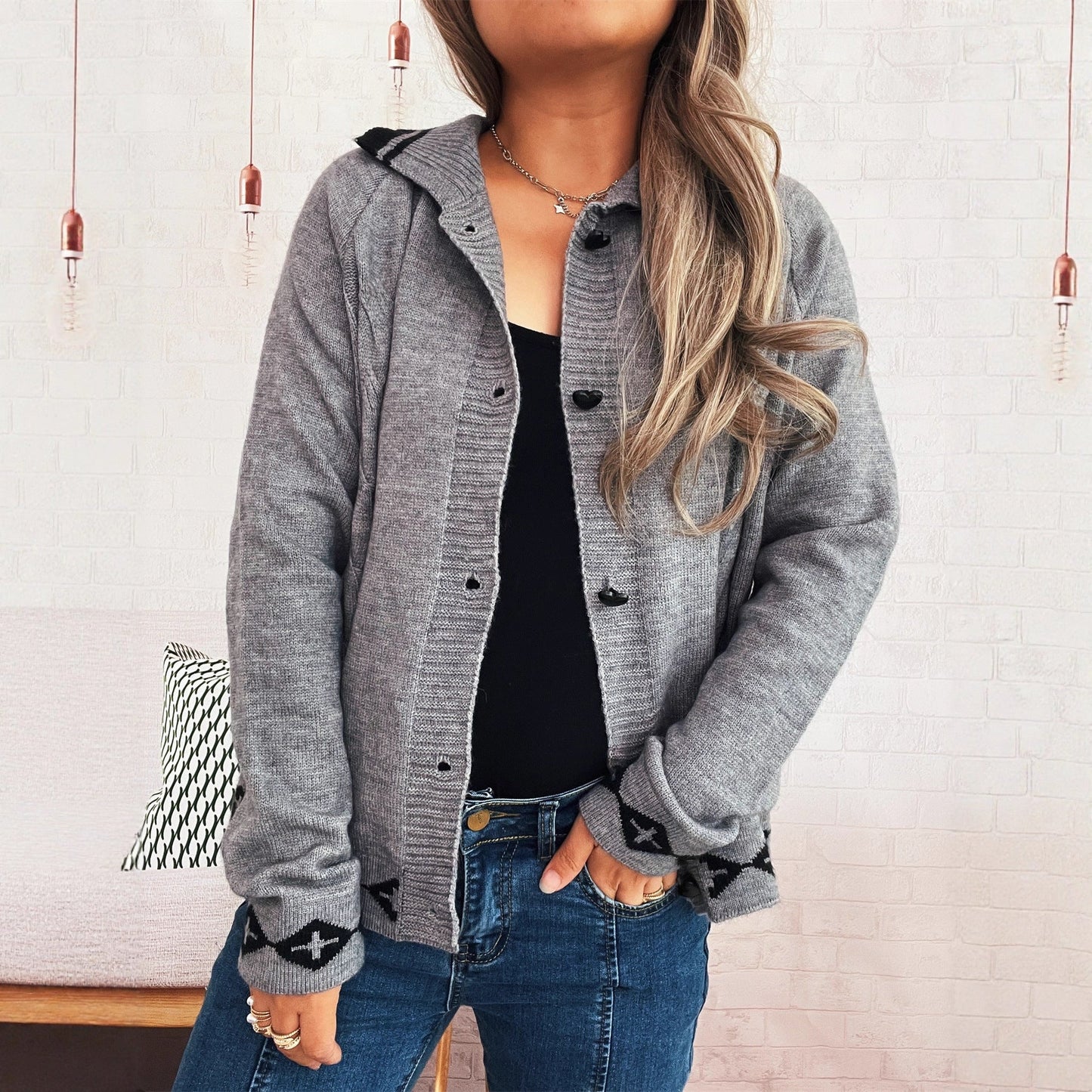 Damen Strickjacke Dekorative Muster Knopfdetails Norvielle