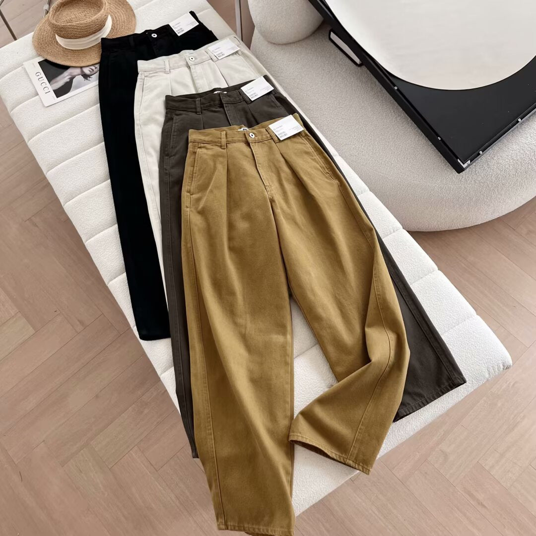 Damen Chino-Hose Weite Passform Hochwerder Bund Praktische Taschen