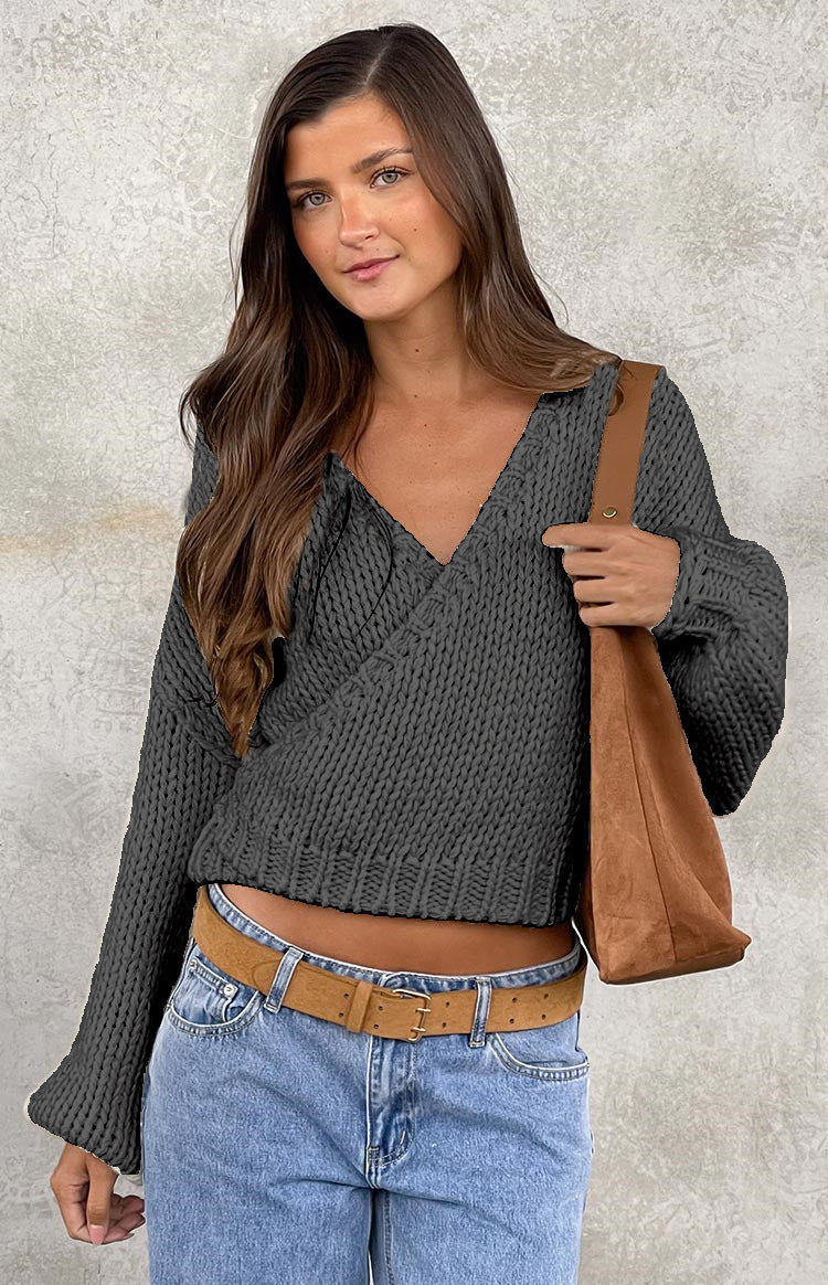 Damen Wickelpullover V-Ausschnitt Voluminöse Ärmel Norvielle
